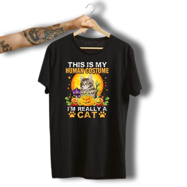 This Is My Human Costume IM Really A Cat Halloween Pumpkins Paw Prints T Shirt t shirt 1