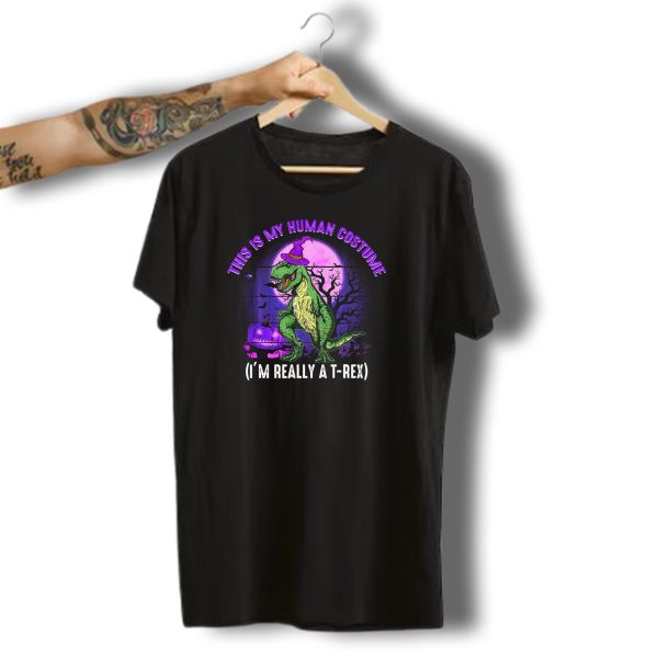 This Is My Human Costume IM Really A T Rex Funny Dinosaur Halloween Moon Wizard Hat T Shirt t shirt 1