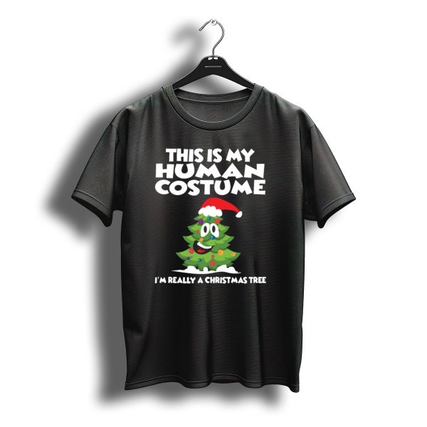 This Is My Human Costume Im Really A Christmas Tree Santa Hat Fun T Shirt t shirt 1