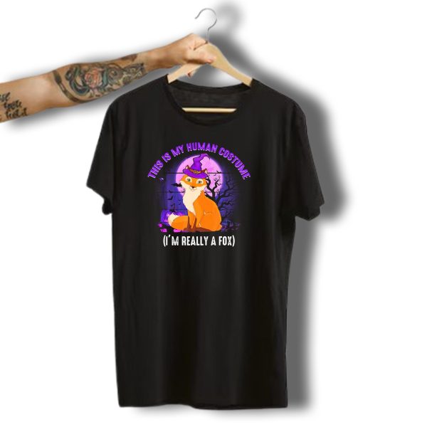 This Is My Human Costume Im Really A Fox Halloween Witch Hat Moonlit Scene T Shirt 1 t shirt 1