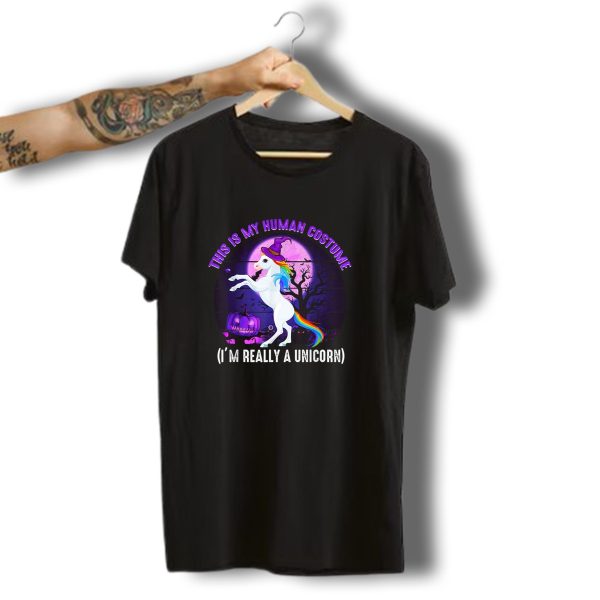 This Is My Human Costume Im Really A Unicorn Halloween Pumpkin Moon T Shirt t shirt 1