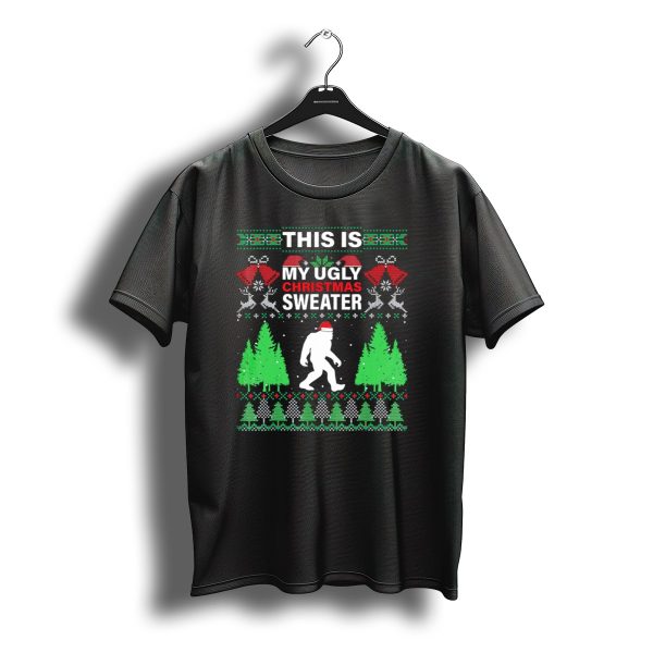 This Is My Ugly Christmas Sweater Bigfoot Santa Hat Holiday Trees T Shirt t shirt 1