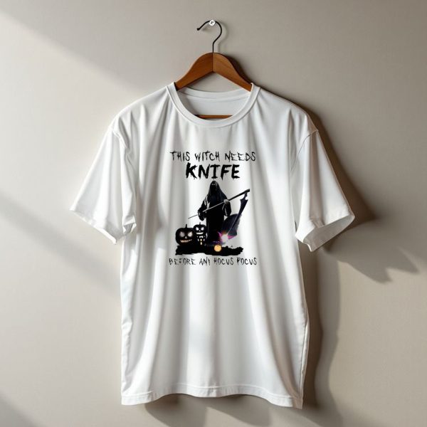 This Witch Needs Knife Before Any Hocus Pocus Halloween Pumpkins Dark Scene t shirt 1