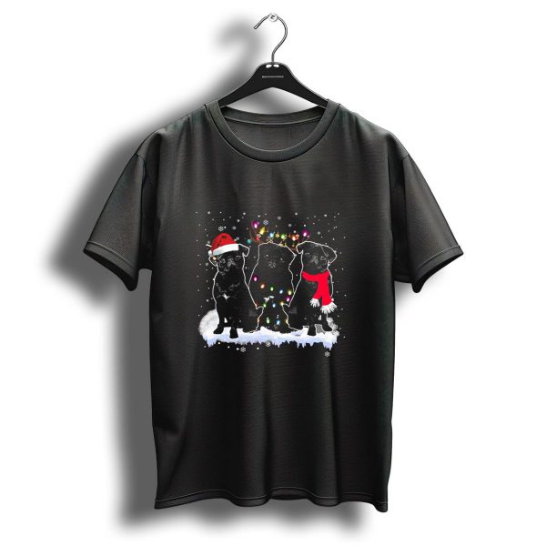 Three Black Pug Christmas Santa Hat Reindeer Lights Snowflakes T Shirt 1 t shirt 1