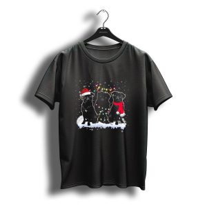 Three Black Pug Christmas Santa Hat Reindeer Lights Snowflakes T-Shirt