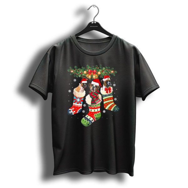 Three Boxer Dogs In Festive Christmas Socks With Santa Hats And Holiday Garland T Shirt 1 t shirt 1