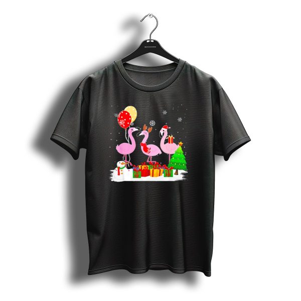Three Flamingos Xmas Santa With Christmas Tree Presents Snowman Balloons T Shirt t shirt 1