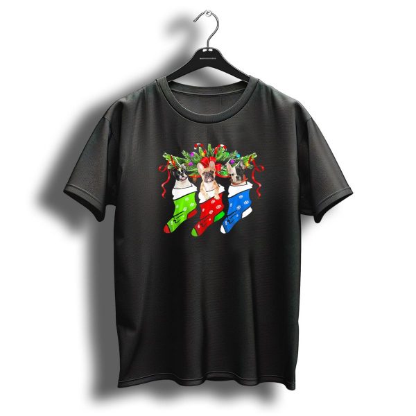 Three French Bulldogs In Festive Christmas Stockings With Candy Canes And Bows T Shirt 1 t shirt 1