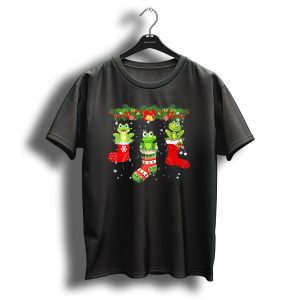Three Frogs In Christmas Stockings Under Festive Garland With Santa Hat T Shirt