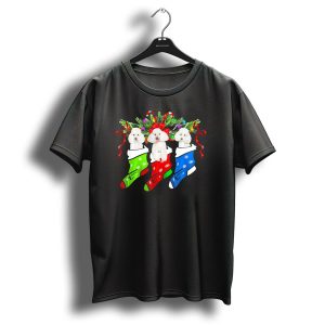 Three Funny Poodles In Christmas Stockings With Festive Decorations T-Shirt