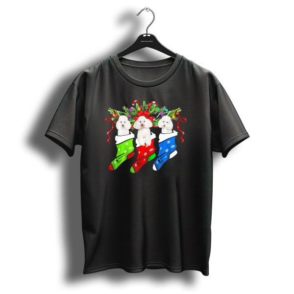 Three Funny Poodles In Christmas Stockings With Festive Decorations T Shirt 1 t shirt 1