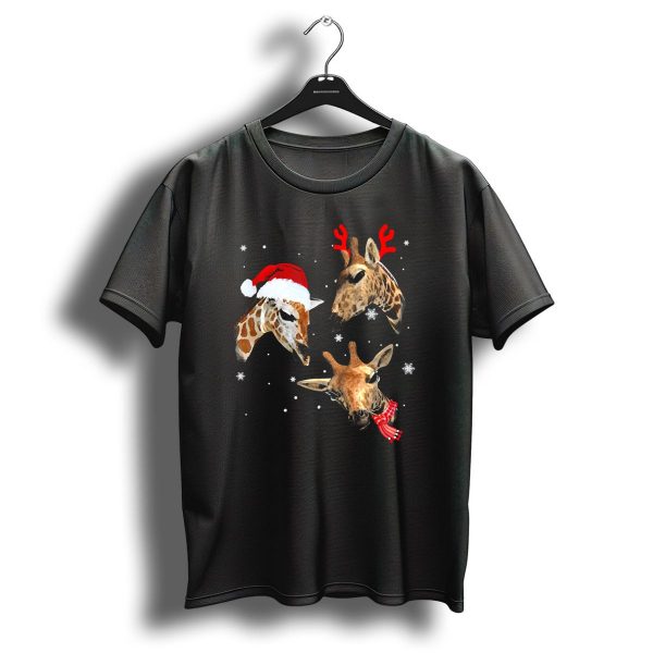 Three Giraffe Christmas Santa Hat Reindeer Antlers Scarf Snowflakes T Shirt 1 t shirt 1