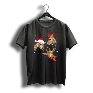 Three Giraffe Christmas Santa Hat Reindeer Antlers Scarf Snowflakes T-Shirt