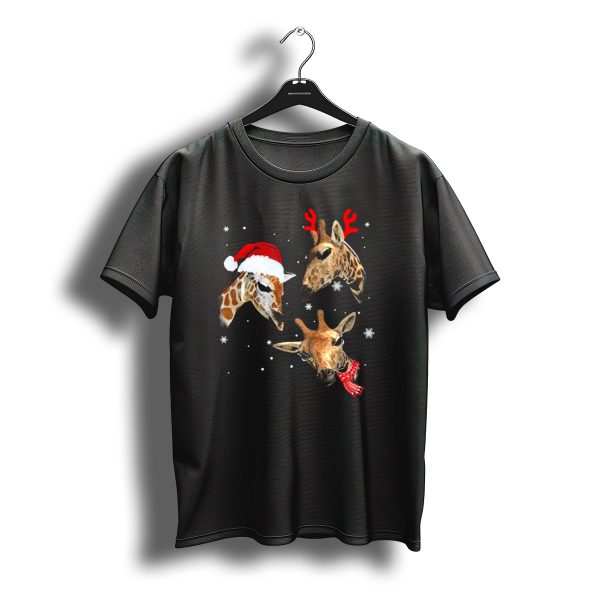 Three Giraffe Christmas Santa Hat Reindeer Antlers Scarf Snowflakes T Shirt t shirt 1