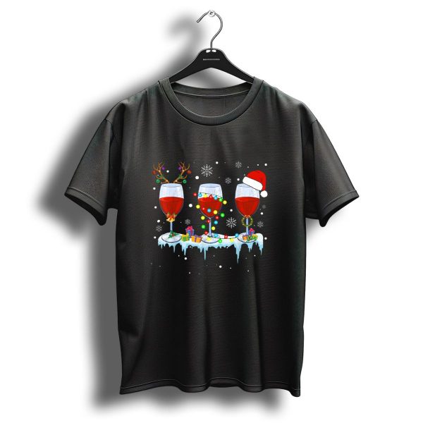 Three Glass Of Red Wine Funny Drinker Christmas Holiday Snowflakes Santa Reindeer Lights Gifts T Shirt 1 t shirt 1 1