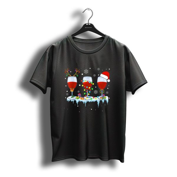 Three Glass Of Red Wine Funny Drinker Christmas Holiday Snowflakes Santa Reindeer T Shirt t shirt 1