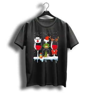 Three Glass Of Wine Nurse Christmas Xmas Reindeer Santa Hat T Shirt