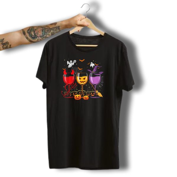Three Glasses Of Wine Halloween Ghosts Pumpkins Bats Witches Devil T Shirt t shirt 1