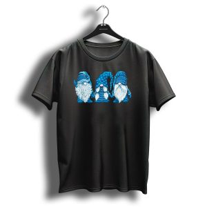 Three Gnomes In Blue Costume With Beards And Pointed Hats In Festive Christmas T Shirt