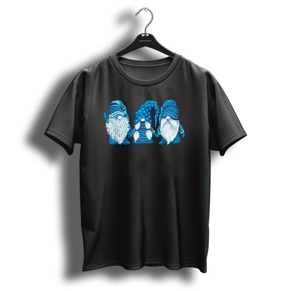Three Gnomes In Blue Costume With Beards And Pointed Hats In Festive Christmas T Shirt 1 t shirt 1