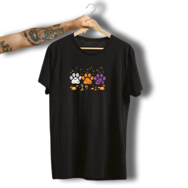 Three Halloween Paw Prints Funny Dog Lovers Pumpkin Faces Bats T Shirt t shirt 1