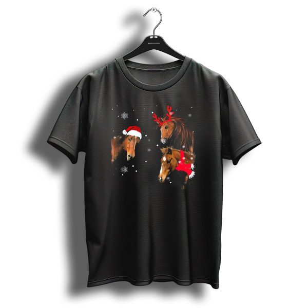 Three Horse Christmas Snowflakes Santa Hat Reindeer Antlers Festive Collar T Shirt 1 t shirt 1