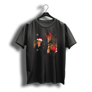 Three Horse Christmas Snowflakes Santa Hat Reindeer Antlers Festive Collar T-Shirt