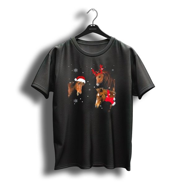 Three Horse Christmas Snowflakes Santa Hat Reindeer Antlers Festive Collar T Shirt t shirt 1
