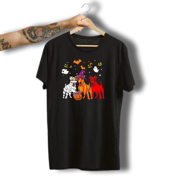 Three Jack Russell Dogs Halloween Costumes Bats Ghosts Pumpkins T Shirt t shirt 1