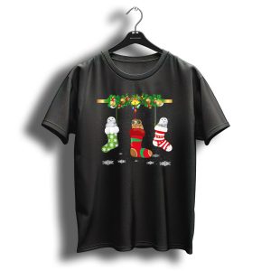 Three Owl In Sock Christmas Santa Hat Hanging Festive Stockings Snowflakes T Shirt