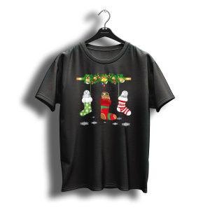Three Owl In Sock Christmas Santa Hat Hanging Festive Stockings Snowflakes T-Shirt