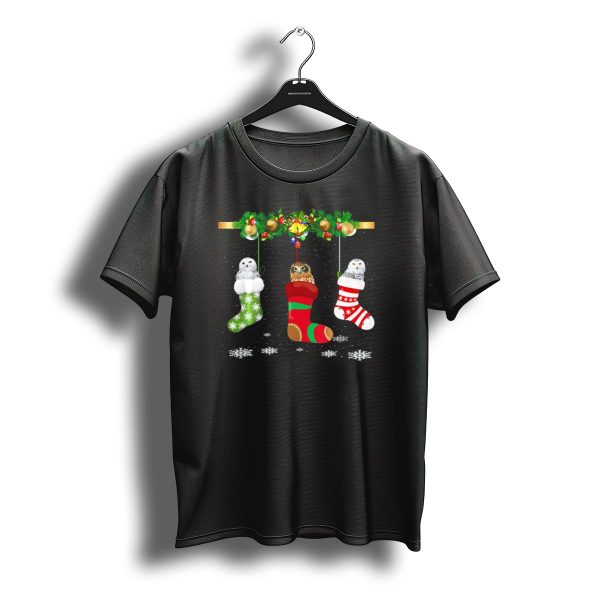 Three Owl In Sock Christmas Santa Hat Hanging Festive Stockings Snowflakes T Shirt t shirt 1