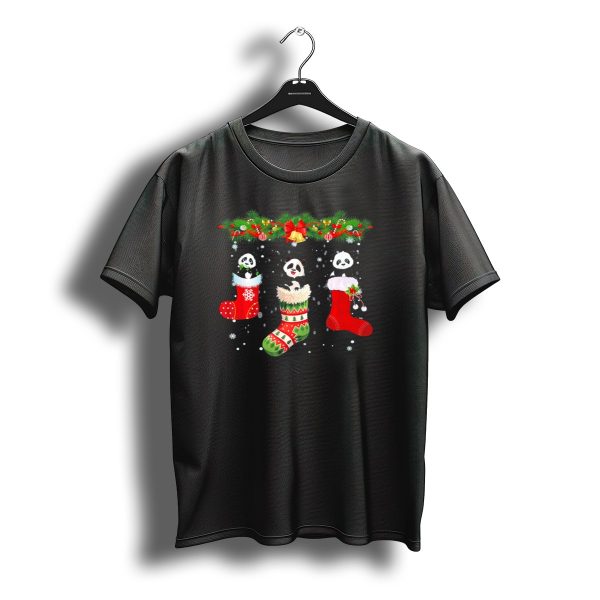 Three Pandas In Christmas Stockings With Santa Hats T Shirt t shirt 1