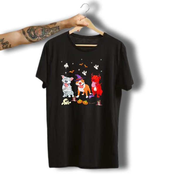 Three Pitbulls Halloween Ghosts Bats Pumpkins Candles Skulls Stars T Shirt t shirt 1