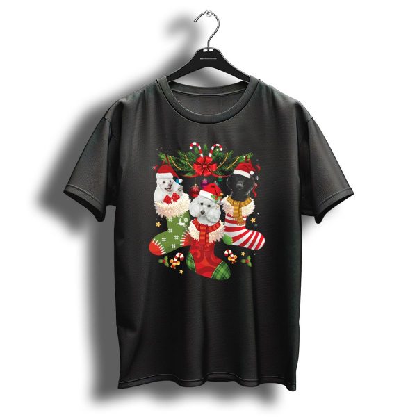 Three Poodles In Christmas Stockings With Santa Hats And Festive Decorations T Shirt 1 t shirt 1