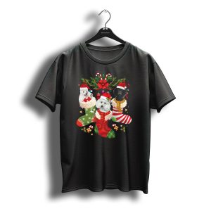 Three Poodles In Christmas Stockings With Santa Hats And Festive Decorations T-Shirt