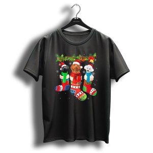 Three Poodles In Colorful Christmas Stockings Under Festive Garland T Shirt