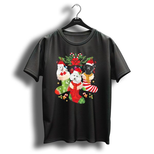 Three Poodles In Festive Christmas Stockings With Santa Hats And Candy Canes T Shirt 1 t shirt 1