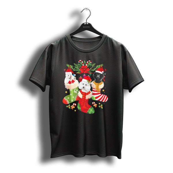 Three Poodles In Festive Christmas Stockings With Santa Hats And Candy Canes T Shirt t shirt 1