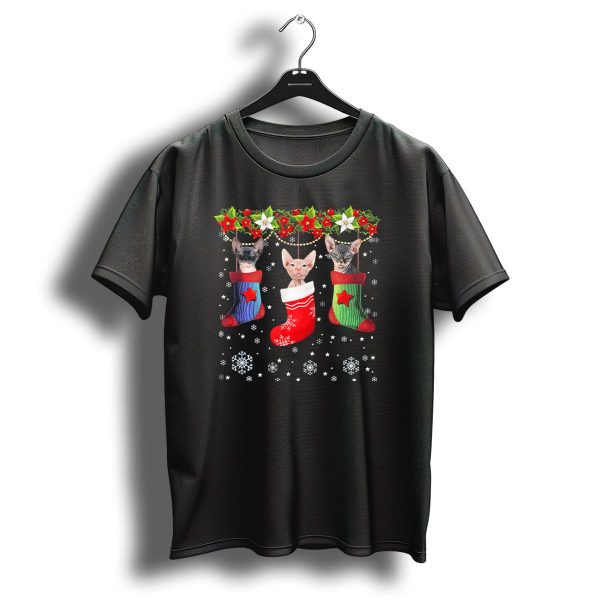 Three Sphynx Cats In Festive Christmas Stockings With Holly And Snowflakes T Shirt 1 t shirt 1