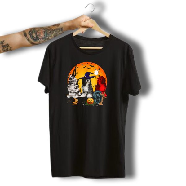 Tibetan Terrier Dog Family Of Three Halloween Spooky Scene With Witch Hat And Pumpkin T Shirt t shirt 1