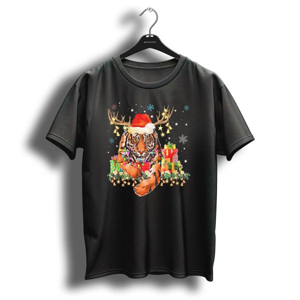 Tiger Reindeer Christmas Decorations Santa Hat Lights Gifts Snowflakes T Shirt 1 t shirt 1