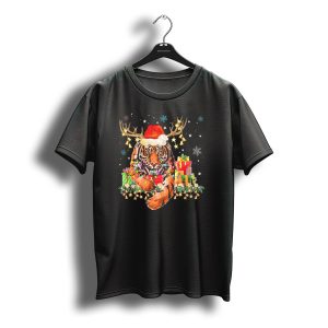 Tiger Reindeer Christmas Decorations Santa Hat Lights Gifts Snowflakes T-Shirt