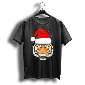Tiger Santa Hat Christmas Snowflakes Iconic Festive Holiday T Shirt