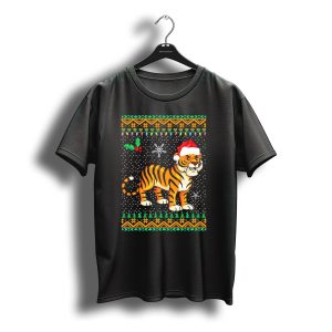 Tiger Ugly Christmas Floral Xmas Santa Hat Snowflakes T-Shirt