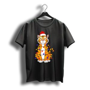 Tiger Wrapped In Christmas Lights With Santa Hat T-Shirt