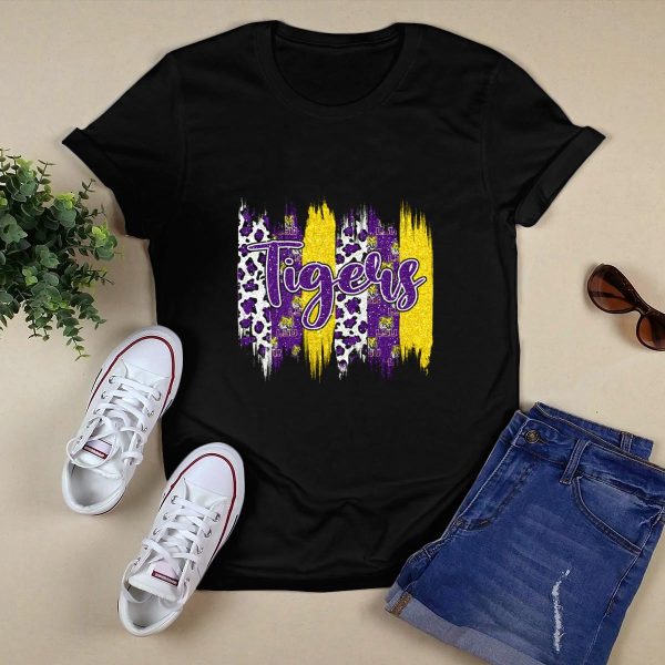 Tigers LSU Purple Gold Leopard Brushstroke T Shirt Black 1