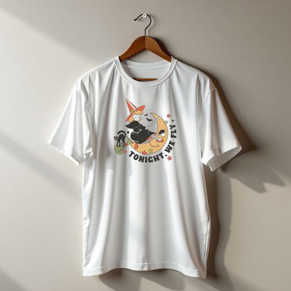 Tonight We Fly Witch On Moon Halloween Cat Stars T Shirt t shirt 1
