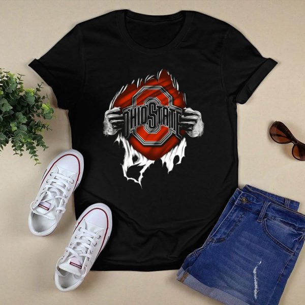 Torn Ohio State Buckeyes Logo with Hands Ripping Through Background T Shirt Black 1