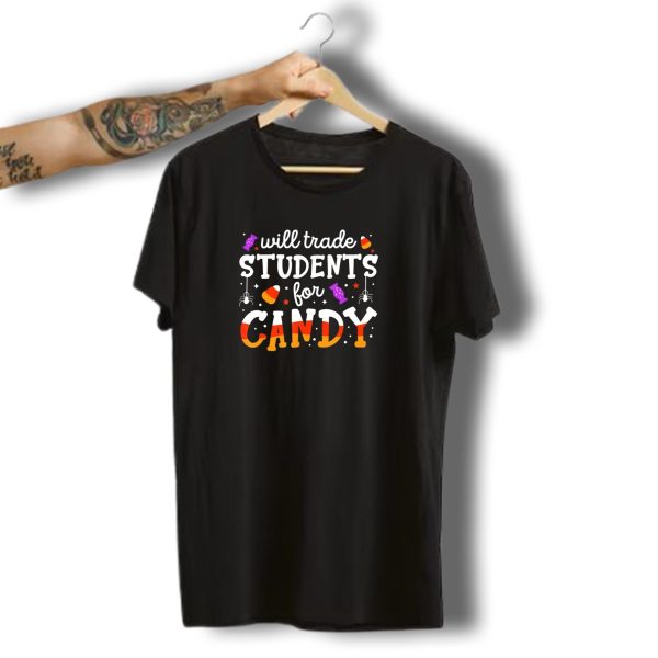 Trade Students For Candy Teacher Halloween With Spiders And Candy Corn T Shirt t shirt 1